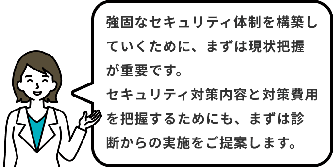 強固なセキュリティ体制を構築していくために、まずは現状把握が重要です。
          セキュリティ対策内容と対策費用を把握するためにも、まずは診断からの実施をご提案します。